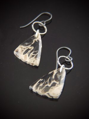 Fossil palm root drop earrings with triangular stone and mixed metal accents