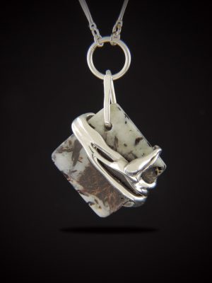 Square Astrophyllite stone with chocolate-brown inclusions, featuring a "liquid" cast sterling silver overlay and custom bail on a link chain.