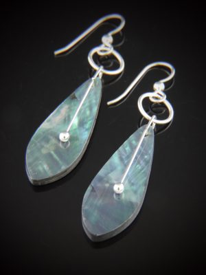 Abalone teardrop drop earrings with iridescent shell in sterling silver settings and sterling silver ear wires