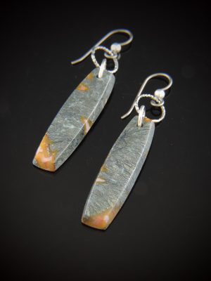 Marcasite agate drop earrings with elongated gray stone slabs and sterling silver links