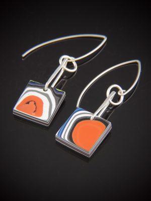 One-of-a-kind square Cable Car Fordite earrings featuring orange, black, and white swirls on sterling silver V-shaped ear wires
