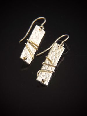 Pair of gold-filled rectangular tab earrings with a mesh-textured surface and decorative wire wrapping on gold-filled hooks.