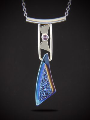 A modern sterling silver necklace featuring a geometric, iridescent blue Titanium Druzy pendant and a small round rose-cut amethyst. The pendant hangs from a sleek silver bar on a dark, ruthenium-plated chain against a black background.