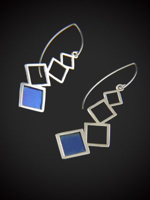 Geometric Blue Delight earrings featuring three linked sterling silver squares and a bottom square with a bright blue titanium inlay.