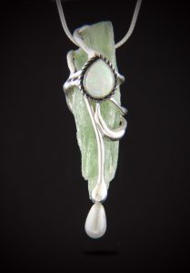 Green kyanite with client's upcycled pearl and opal