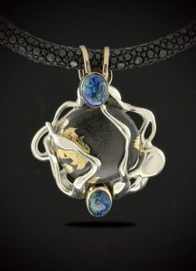 Custom necklace with magnetite jade featuring 18k gold, plus client's upcycled azurite/malachite earrings incorporated. 