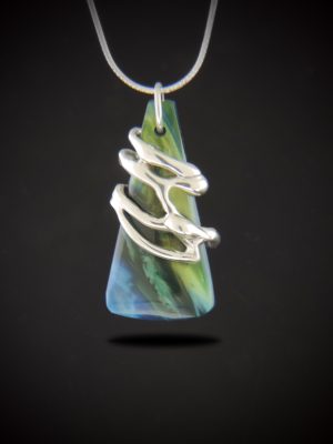 Handcrafted Spring Fever Bowlerite pendant necklace with blue and green swirled stone surrounded by a sculpted sterling silver cyclone on a snake chain.